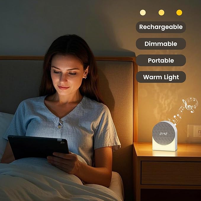 White Noise Sound Machine Alarm Clock with Night Lights, Bluethooth Speaker 4in1 Natural Portable Brown Noise Sounds Machines Timer Ocean Rain Pink Music for Sleep Bedroom Adults Kids Travel