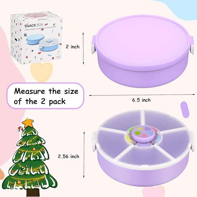 JOOPETALK Kids' Rotating Snack Container Set – 2-Pack, Includes 1 Rotating Snack Container & 1 Round Sectioned Snack Box, BPA-Free, Dishwasher Safe, Perfect for Travel-Purple