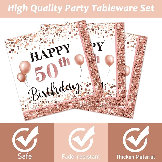 96 Pcs 50 and Fabulous Birthday Party Plates Napkins Tableware Set Rose Gold 50th Birthday Supplies Disposable Dinnerware Fifty Decoration Favors for Women, 24 Guests