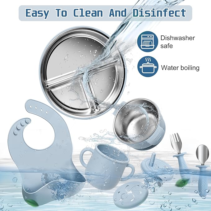 MISSLILI Stainless Steel Kids Plates and Bowls Set with Suction, Divided Baby Plate and Toddler Bowl with Removable Silicone Suction,Stainless Steel Weaning Bundle, Silicone Baby Feeding Set (Blue)