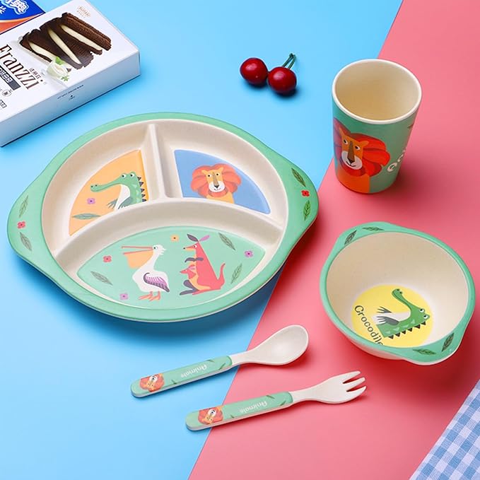 Kids Dinnerware Set, 5-Piece Mealtime Tableware for Children & Toddlers – Includes Divided Plate, Bowl, Cup, Fork & Spoon – Natural Bamboo Fiber, BPA-Free, Dishwasher Safe (Forest Animal)