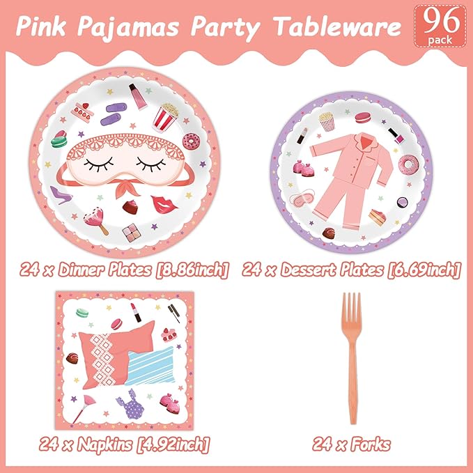 Pajama Party Plates Napkins Sleepover Tableware Set - Spa Party Dinnerware Slumber Cutlery for Girls - Disposable Decoration for 24 Guests