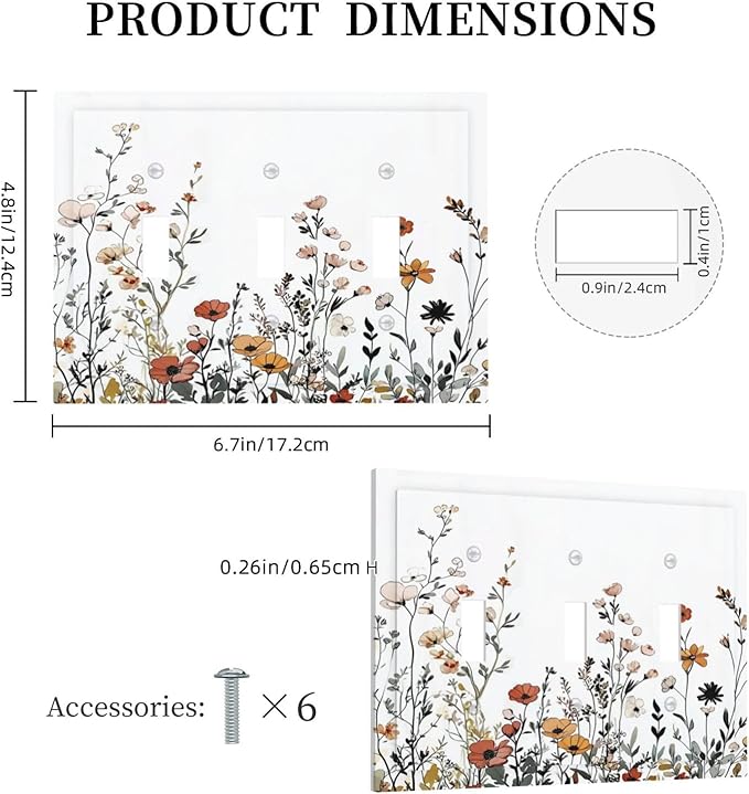 Decorative Switch Plates Vintage Wildflower Colorful Plants Floral 3 Gang Wall Plate Triple Toggle Light Switch Cover Faceplate Electrical Wall Panels For Bed Room Living Room Decor