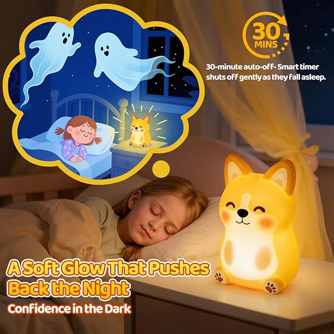 Mewaii BPA-Free Silicone丨 Huggwaii Corgi Dog Night Light for Kids, 3 Brightness Levels Nursery Dog Lamp, 30 Min Timer&Rechargeable Cute Puppy Kids Night Light for Bedroom Decor,Corgi Gifts for Boys
