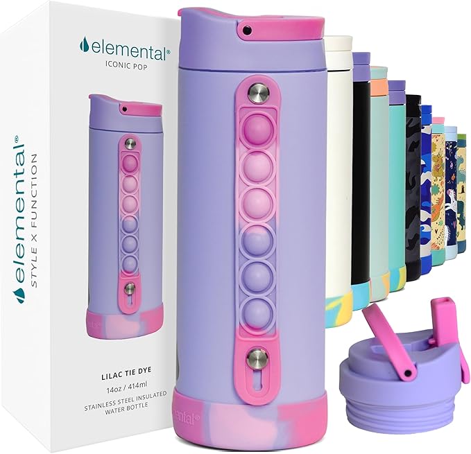 Elemental Iconic Kids Water Bottle for School - 100% Leak-Proof Insulated Water Bottles with Straw Lid & Pop-It Handle for Boys & Girls - Triple-Wall Insulated & BPA-Free, 14oz – Lilac Tie Dye