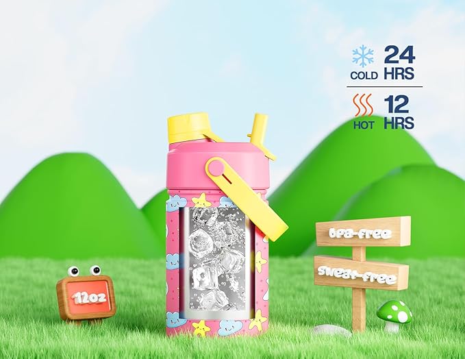 12 oz Kids Water Bottle for Girls: Leakproof, BPA-Free, Durable Straw Spout Lid, 24H Cold, Cute Patterns, Insulated Stainless Steel Cup with Carrier Bag for School, Trip, Camping, Daily (Sunny Dreams)
