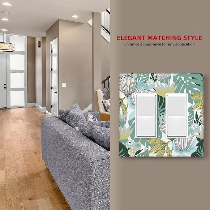 Retro Tropical Leaves Light Switch Plate Cover 2 Gang Double Rocker Wall Plates Electrical Faceplates Decorative GFCI Outlet Covers for Bedroom Bathroom Kitchen Art Decor