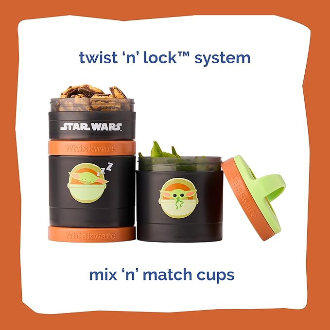 Whiskware Star Wars Stackable Snack Containers for Kids and Toddlers, 3 Stackable Snack Cups for School and Travel, The Child Naps & Snacks - Green/Orange/Grey