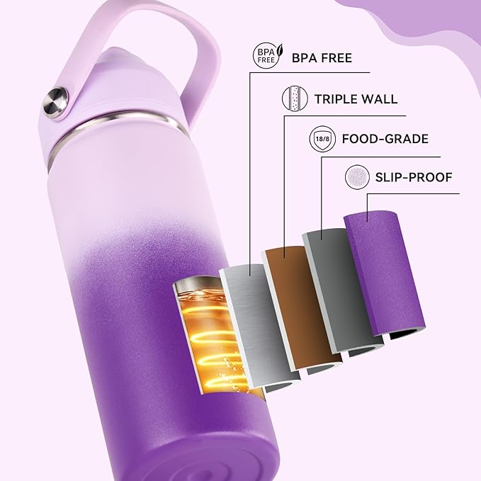 Fijinhom 24oz Insulated Stainless Steel Water Bottle, Wide Mouth Double Wall Vacuum, Silicone Straw, Sweat & Leak Proof, BPA Free Insulated Water Flask for Travel, Purple Gradient