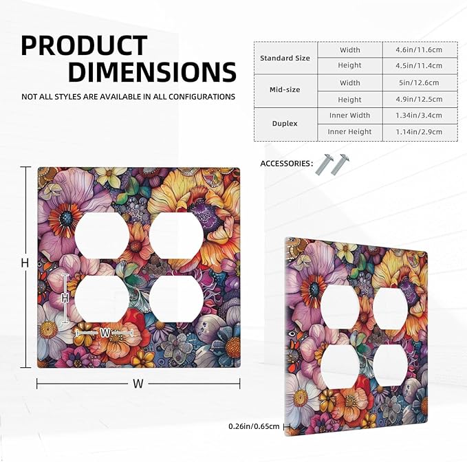 Outlet Covers Colorful Bohemian Flowers Vintage Boho Floral 2 Gang Double Duplex Decorative Light Switch Covers Electrical Wallplates Socket Faceplate for Bed Room living Room Decor