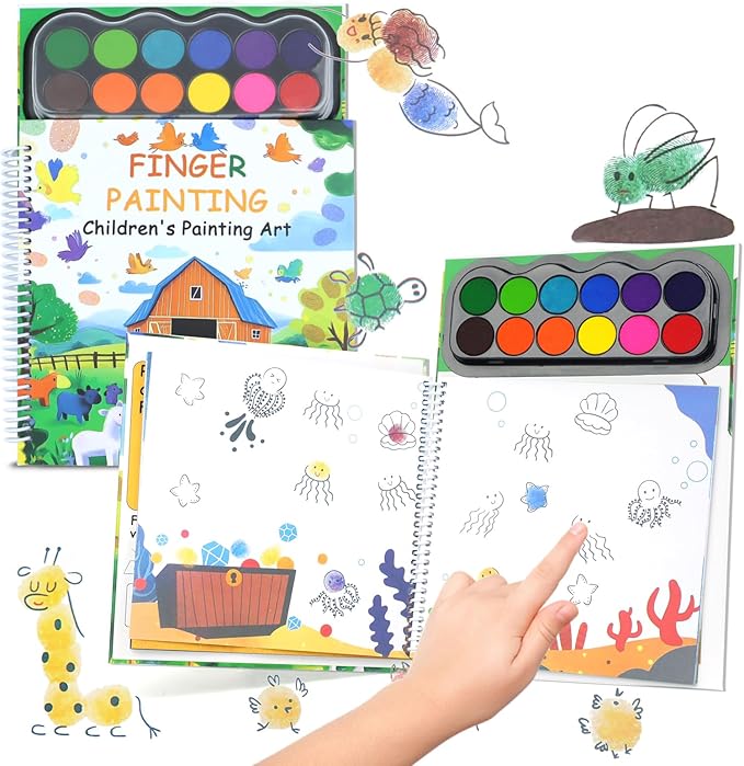 Finger Paint, Finger Painting for Toddlers, Hardcover Travel Finger Paint Kit Include 12 Colors Ink Pad Finger Painting Activity Book, Portable Sensory Activity Develops Creativity, Travel Busy Book for Kids