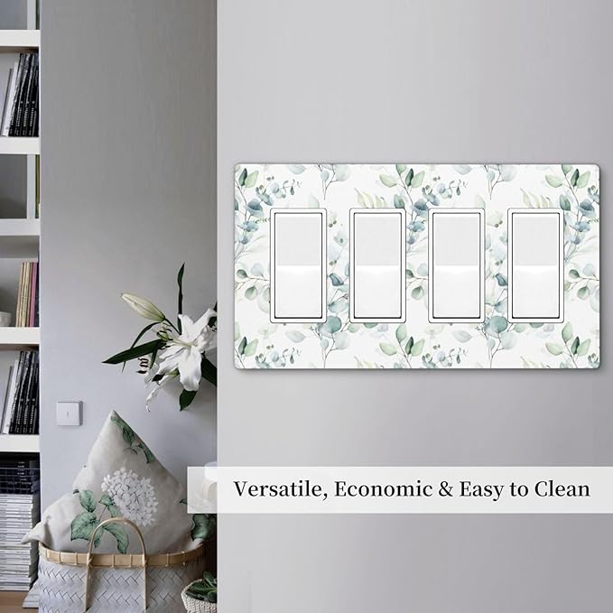 Green Eucalyptus Leaf 4 Gang Quad Rocker/GFCI/Decorator Light Switch Cover Plate Decorative Electric Faceplate Decorative Switchplate Screwless