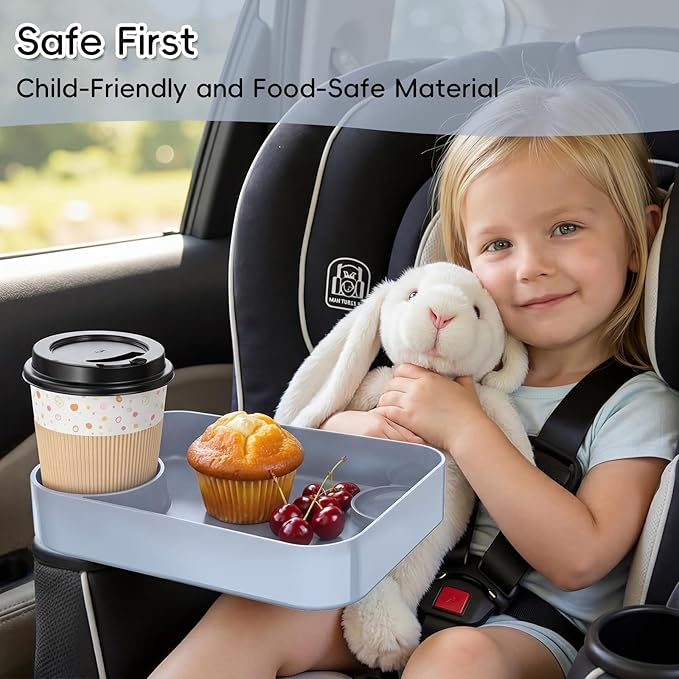 Kids Car Seat Tray, Travel Tray with Cup Holder for Toddler Baby, Kids Car Seat Food Snack Organizer for Road Trip, Stroller Snack Organizer Travel Must Haves Toddler Must Haves (Light Gray, 2 Packs)