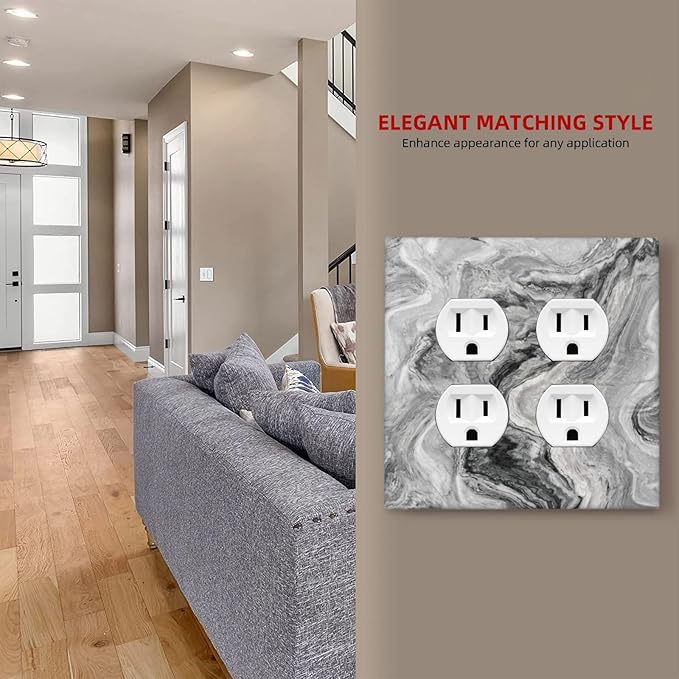 Beautiful Grey Marble Texture Simple Abstract Print Outlet Covers 2 Gang Double Duplex Decorative Light Switch Covers Electrical Wallplates Socket Faceplate for Bathroom Kitchen Decor