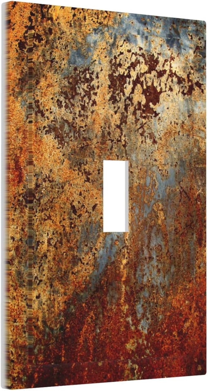 Shabby Old Aged Rust Rusty Tumbled Antique Brass Patina Copper Metal Print 1 Gang Single Toggle Electrical Outlet Light Switch Wall Plate Receptacle Face Plate Cover Decorative One Device Switchplate