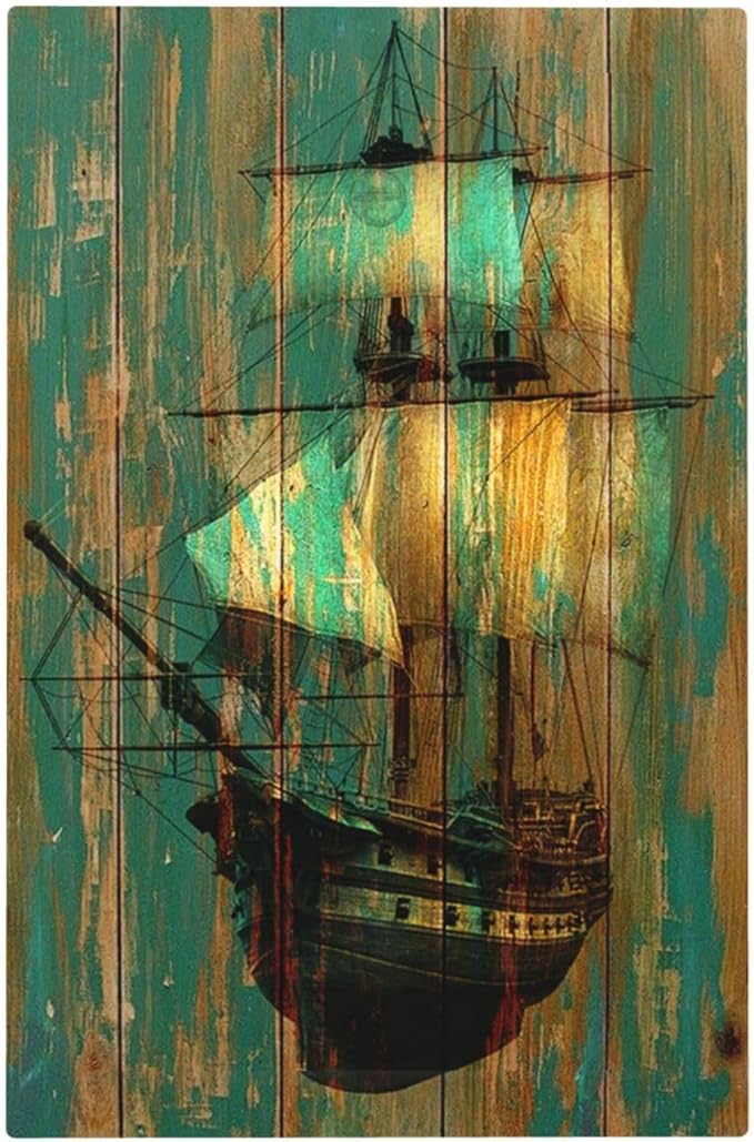 Light Switch Cover Plate Rustic Green Wood Grain Sailboat 1 Gang No Device Blank Electrical Wall Plates Faceplate Decorative Switch Plate for Farmhouse Bedroom Decor