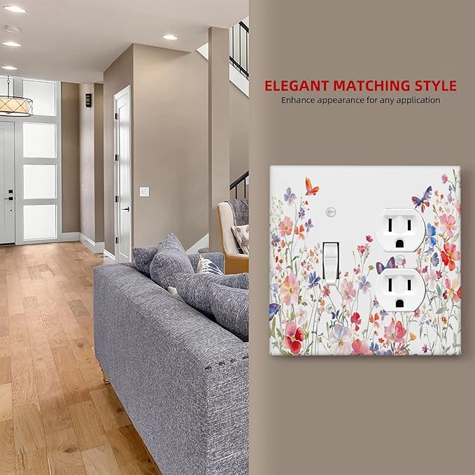Colorful Flower Watercolor Floral Butterfly Bird Wallplates 1 Toggle 1 Duplex Switch Plate Electrical GFCI Faceplate Decorative Light Switch Covers for Bedroom Living Room Decor