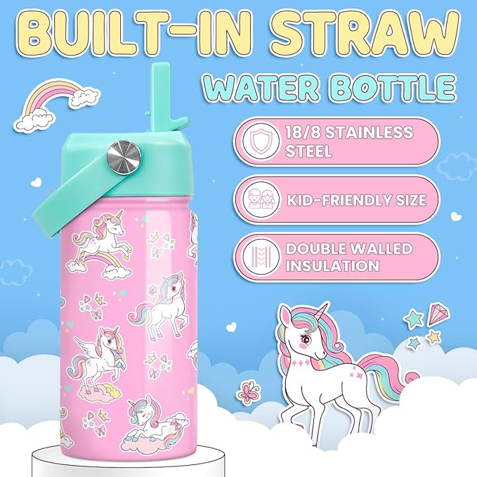 Unicorn Water Bottle - Kids Water Bottle with Straw Lid - 12 Oz Insulated Stainless Steel Water Bottles for Kid Girls - Travel Cup for School Sports