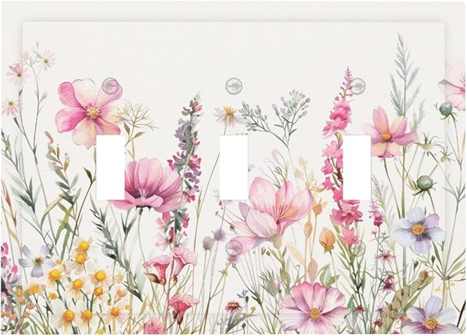 Pink Floral Wild Flowers Watercolor Plants Decorative Switch Plates 3 Gang Wall Plate Triple Toggle Light Switch Cover Faceplate Electrical Wall Panels for Bedroom Living Room Decor