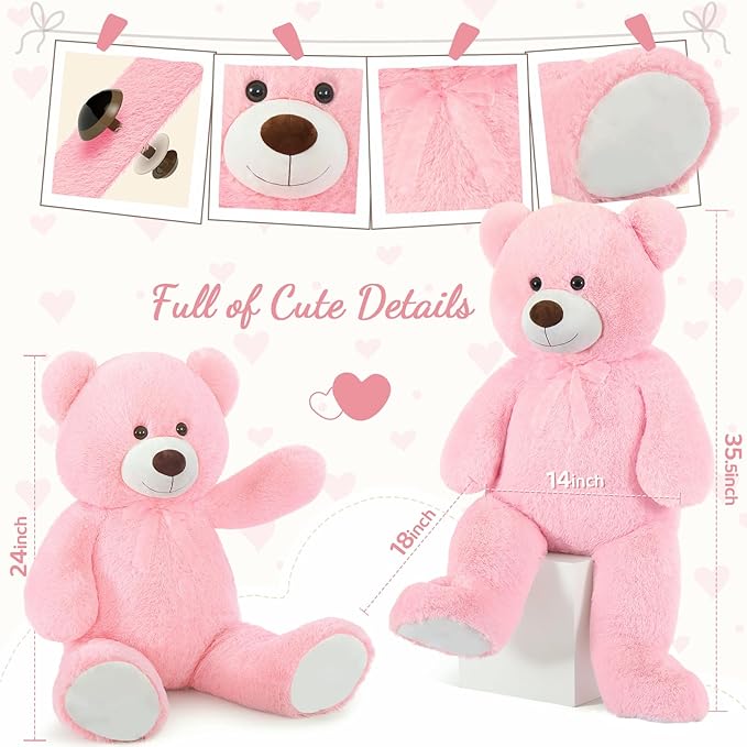 Toys Studio Big Pink Bear 36in Plush Giant Teddy Bear Stuffed Animal Cute Teddies for Girls Baby Shower, Super Soft Cuddly Teddy Plush Toy for Girlfriend Women Valentine's Day Gift