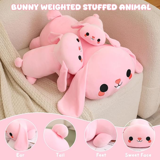TOYSYM Weighted Stuffed Animals, 1.6 lbs Bunny Stuffed Animal with Weighted Beads, Cute Plush Toy Pillow Gifts for Adults Kids Boys Girls