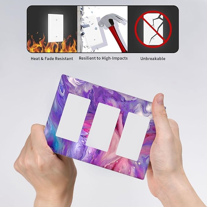 Liquid Marble Modern Abstract Texture Abstract Purple Paint Wall Art Light Switch Covers 3 Gang Rocker Decorative Triple Outlet Wall Plate Cover Switchplate Electrical Gfci for Office Living Room