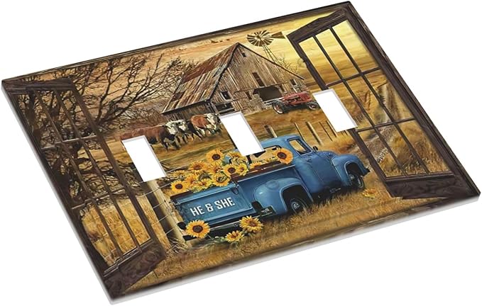 Fall Western Farmhouse Cow 3 Gang Light Switch Plate Decorative Barn door Blue Truck Triple Toggle Wall Plate Cover Electrical Faceplate for Bathroom Home Living Room Bedroom Art Panel Decor
