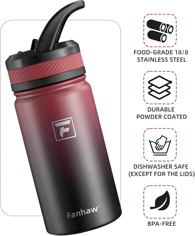 Fanhaw 14 Oz Kids Insulated Water Bottle with Straw Lid – Stainless Steel Double Wall Vacuum, Leak-Proof, BPA-Free Water Bottles for School Boys & Girls(Red Black)