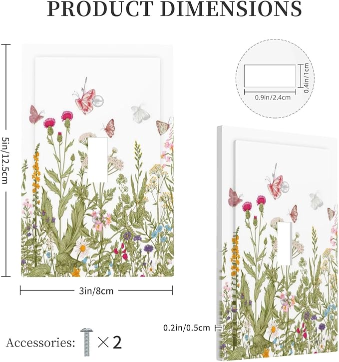 Colorful Butterfly Floral Plants Flower Vine Decorative Light Switch Cover 1 Gang Single Toggle Device Electrical Faceplate Switchplates Decorator Outlet Wall Plate for Bed Room Living Room Decor