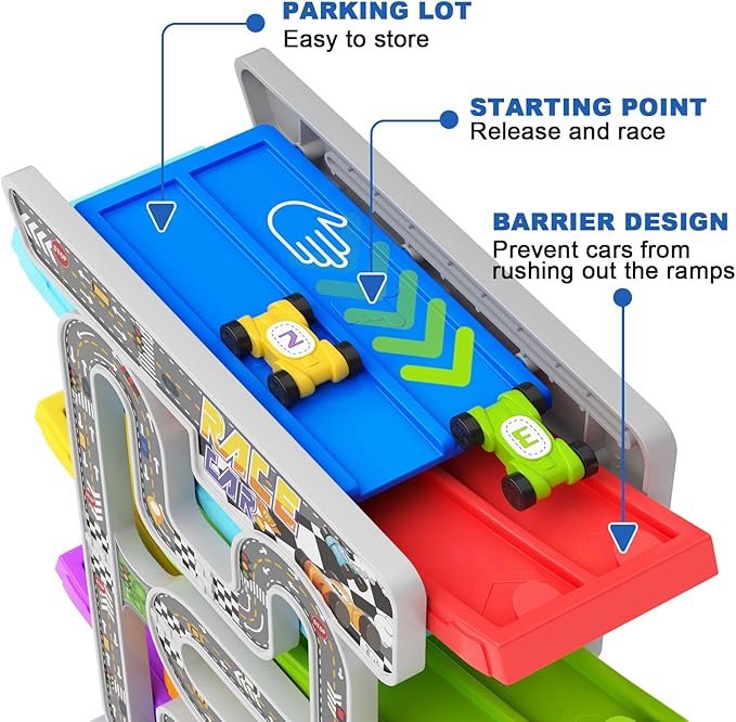aotipol Toddler Toys for 2 3 Year Old Boy Girl, Double-Track Car Ramp Toy with Pull-Out Parking Lots & 10 Mini Cars, Montessori Toy Birthday Gifts for Toddlers Boys Girls Age 18+ Month Old, New Track