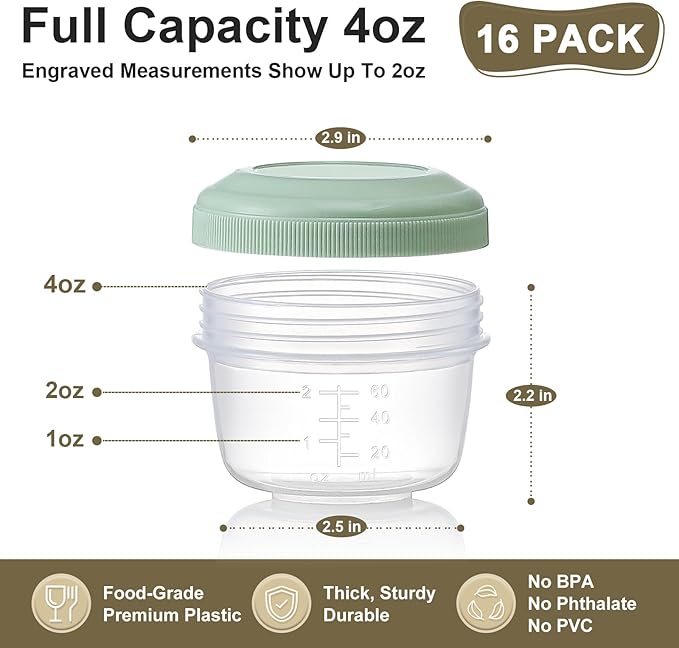VITEVER [16 Pack] 4 oz Small Containers with Lids, Reusable Plastic Jars for Snack and Puree, Salad Dressing Container to Go, Deli Containers, Freezer Baby Food Containers, Dishwasher Safe, BPA Free
