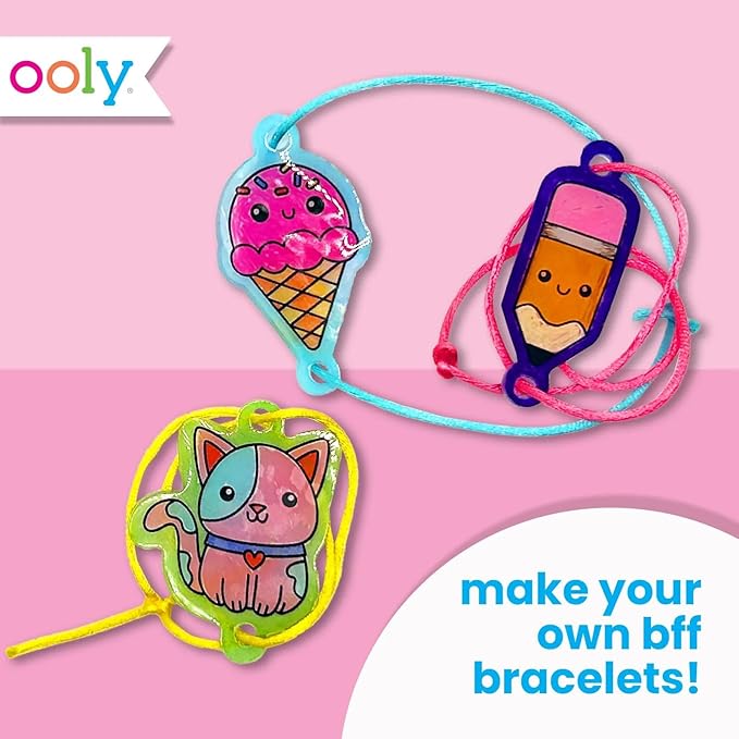 Ooly 24 PC DIY Shrinking Art Kit for Kids, 20 Plastic Pre Cut Charms and More, No Mess Creative Activity Bracelet Making Kit - BFF