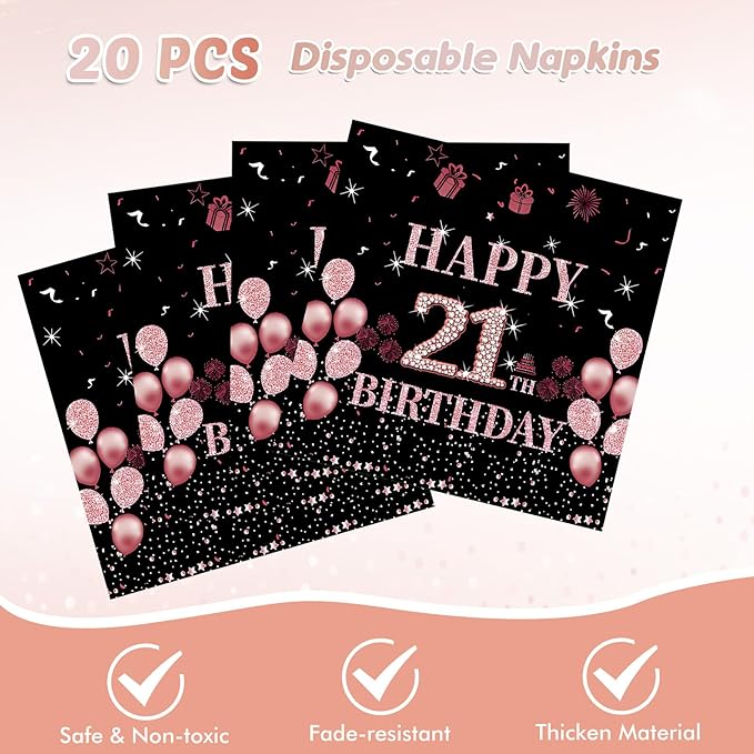 Ryzovo 41Pcs 21st Birthday Tableware Decorations for Women Girls Rose Gold Happy 21 Birthday Party Supplies for Her Includes Tablecloth,Plates,Napkins for Sweet Girls 21st Birthday Party