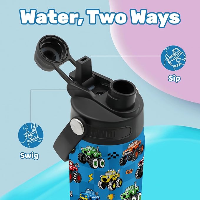 Insulated Water Bottle 18oz, Trucks Gifts Water Bottle with 2-in-1 Straw and Spout Lid, Blue Trucks Drinking Cup Leakproof, Truck Travel Mug for Truck Lover, Birthday Gift Ideal for Boys