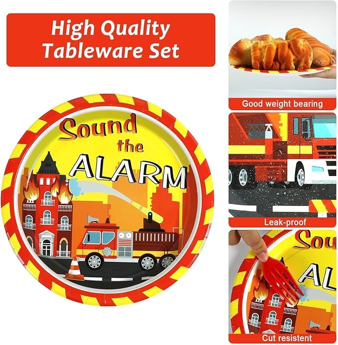 100 Pcs Firetruck Birthday Party Decorations Fireman Plates and Napkins for Firefighter Party Supplies Fire Truck Birthday Theme Disposable Dinnerware Set for Kids Fireman Party Favors Serve 25