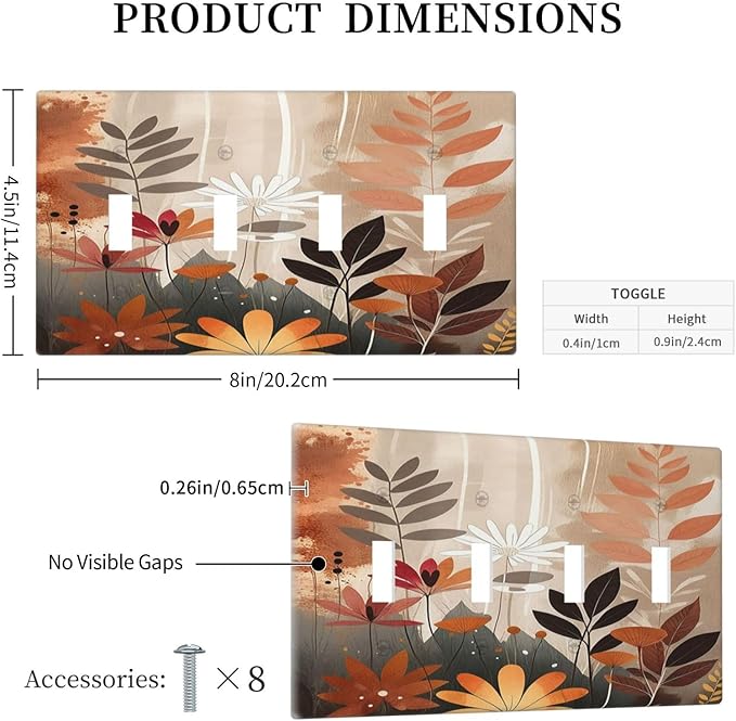 Boho Minimalist Vintage Wildflowers Plant Floral Art Watercolor Light Switch Covers Quad Toggle 4 Gang Wall Plate Decorative Switch Plates Electrical Faceplate for Bedroom Living Room Decor