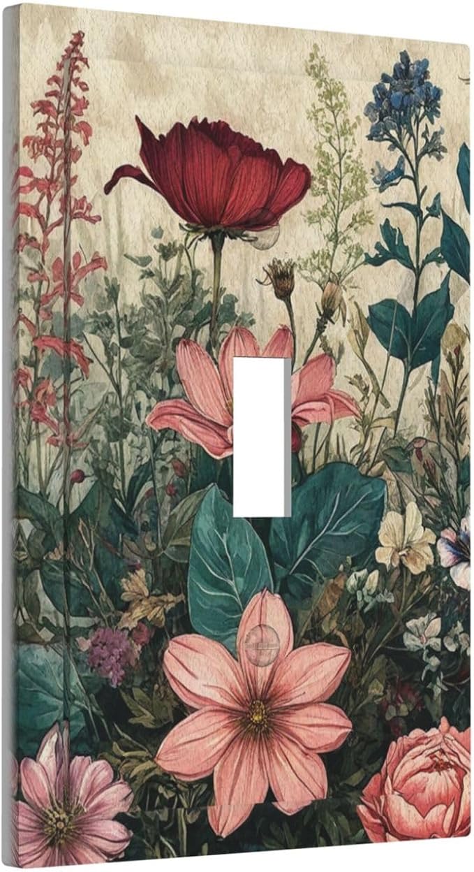 Decorative Light Switch Cover Plate Rustic Wildflower Red Floral Green Plant 1 Gang Wall Plate Oversized Single Toggle Wall Cover Plate Jumbo Electrical Switchplate Face Plate
