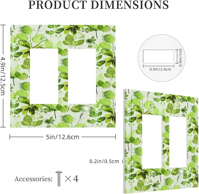 Green Leaves Spring Plant Floral Decorative Outlet Covers 2 Gang Double GFCI Rocker Electrical Wall Panels Light Switch Cover Plate for Bed Room Living Room Decor