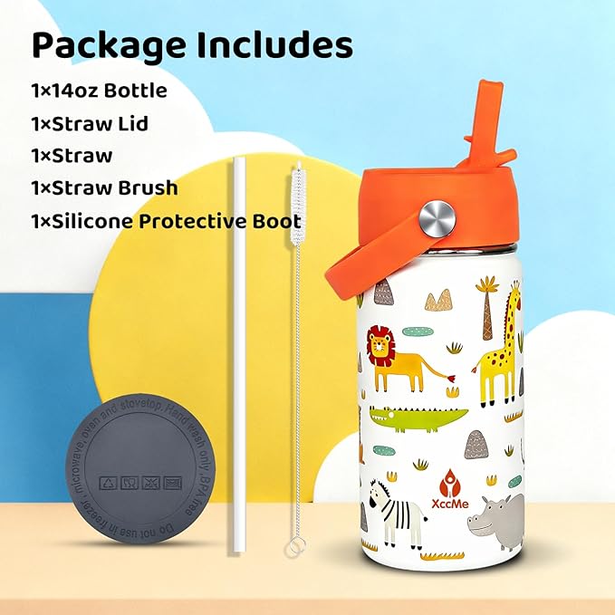 14oz Animal Kids Water Bottle With Straw Lid,Stainless Steel Travel Bottle,Double Wall Leak Proof & BPA-FreeKids Cup,Insulated Tumbler for Toddlers,Metal Bottle for School Boys Girls
