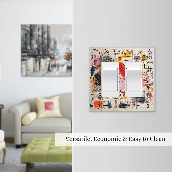 Colorful Graffiti Street Art Banksy Prints Decorative Outlet Covers 2 Gang Double GFCI Rocker Electrical Wall Panels Light Switch Cover Plate for Kids Room Office Decor