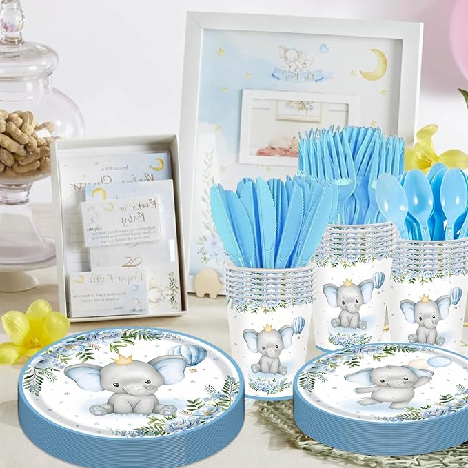 Elephant Baby Boy Shower Party Supplies - 175pcs Blue Elephant Party Decorations Paper Plates Napkins Cups and Utensils Tableware Sets Blue Floral Theme Birthday Party Tableware Set