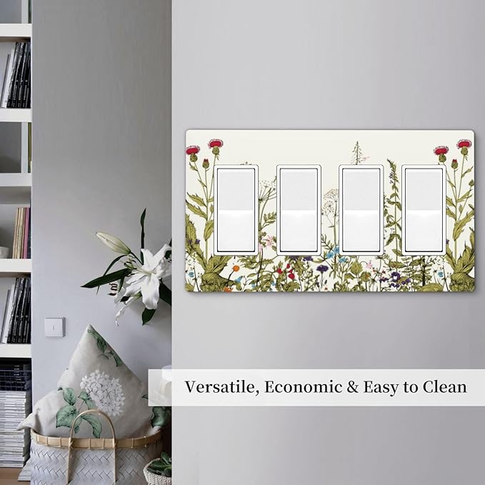 Country Vintage Wild Flowers Floral 4 Gang Quad Rocker/GFCI/Decorator Light Switch Cover Plate Decorative Electric Faceplate Decorative Switchplate Screwless