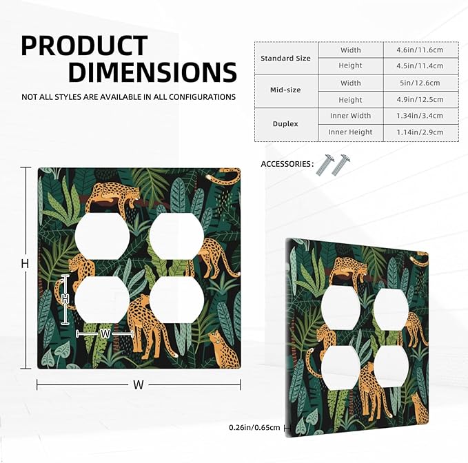 Jungle Cheetah Tropical Wildlife Leopard Green Palm Leaf Outlet Covers 2 Gang Double Duplex Decorative Light Switch Covers Electrical Wallplates Socket Faceplate for Farmhouse Home Decor