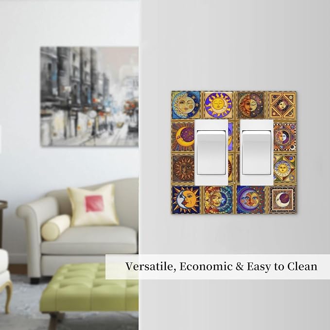 Mexican Talavera Tiles Star Pattern Celestials Theme Print Decorative Outlet Covers 2 Gang Double GFCI Rocker Electrical Wall Panels Light Switch Cover Plate for Kitchen Home Decor