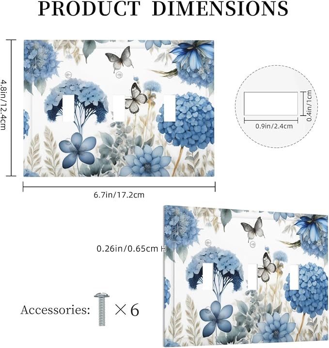 Blue Floral Hydrangea Floral Butterfly Flower Plant Decorative Switch Plates 3 Gang Wall Plate Triple Toggle Light Switch Cover Faceplate Electrical Wall Panels for Bedroom Living Room Decor