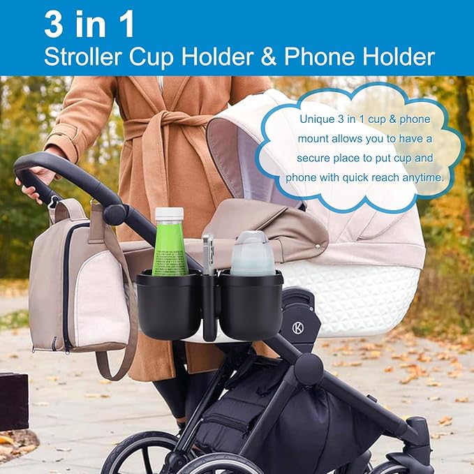 Accmor Stroller Cup Holder with Phone Holder, Bike Cup Holder, Universal Cup Holder for Uppababy Nuna Doona Strollers, 2-in-1 Cup Phone Holder for Stroller Bike Accessory