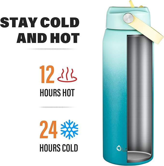 Oldley 24oz Insulated Water Bottle with Straw, Stainless Steel Water Bottle for Sports, Travel, School, BPA-Free Sports Bottles for Adult Kids, Leak-Proof, Light Green Blue