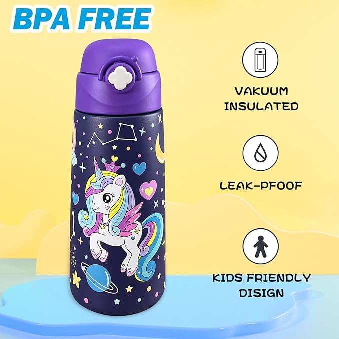 Girls Insulated Water Bottle with Covered Pop-Up Straw,16 oz Kids Cups with Stainless Steel Leak Proof for School（Unicorn-Purple）