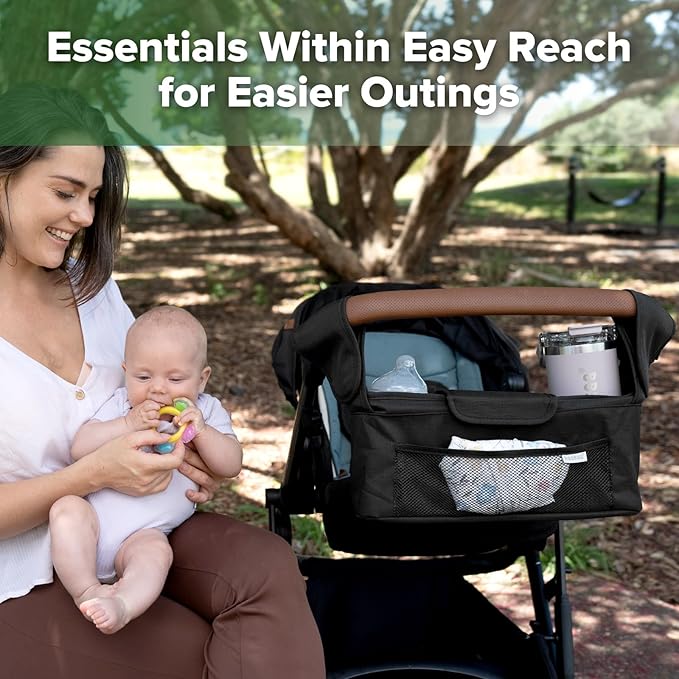 haakaa Stroll & Go Organiser - 2 Cup Holders - Black, Ultimate Stroller Organizer Universal Fit with Adjustable Non-Slip Straps & Hooks, Stroller Caddy Accessories with Shoulder Strap