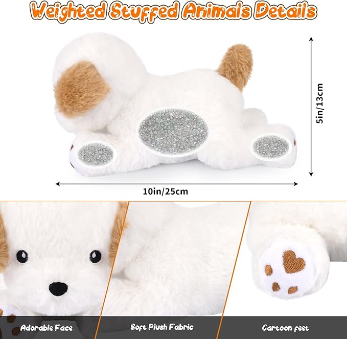 Weighted Dog Stuffed Animal,White Weighted Plush Dog Stuffed Animals - Small White Stuffed Dog Weighted Plush Pillows,Cute Plush Toy Gifts for Kids,10 Inch,0.8 Lbs
